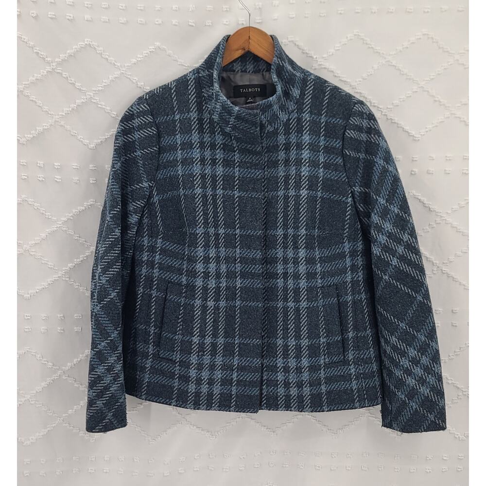 Talbots plaid wool women's snap up Grey plaid jacket Size 6 Academia Old money
